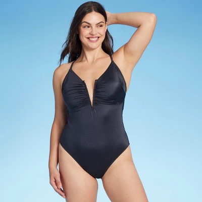 Women's Shirred V-Wire Plunge One Piece Swimsuit - Shade & Shore™ Gray 10 Women's Shirred V-Wire Plunge One Piece Swimsuit - Shade & Shore™ Gray - Image 8