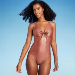 Women's Bralette Front Cut Out Tie-Front One Piece Swimsuit - Shade & Shore™ Brown Shine -Shade & Shore GUEST 23783d24 1f17 4093 a5fd 5243ceda3751