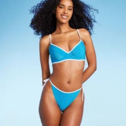 Women's Side-Tie Ribbed Hipster Bikini Bottom - Shade & Shore™ Blue