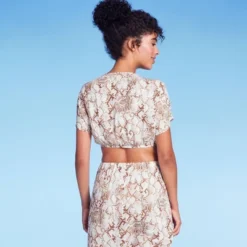 Women's Tie-Front Short Sleeve Cover Up Crop Top - Shade & Shore™ Tan Snake Print -Shade & Shore GUEST 321dcb65 b9b3 4d44 b8a8 dd6d2345abed