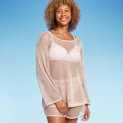 Women's Long Sleeve Crochet Cover Up Sweater - Shade & Shore™ Light Brown 4 Women's Long Sleeve Crochet Cover Up Sweater - Shade & Shore™ Light Brown - Image 2