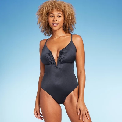 Women's Shirred V-Wire Plunge One Piece Swimsuit - Shade & Shore™ Gray 4 Women's Shirred V-Wire Plunge One Piece Swimsuit - Shade & Shore™ Gray - Image 2