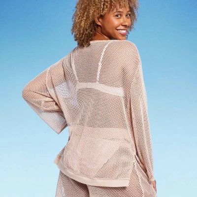 Women's Long Sleeve Crochet Cover Up Sweater - Shade & Shore™ Light Brown 5 Women's Long Sleeve Crochet Cover Up Sweater - Shade & Shore™ Light Brown - Image 3