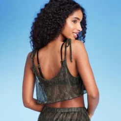 Women's Tie Detail Lurex Cropped Cover Up Top - Shade & Shore™ Black -Shade & Shore GUEST 690f6d2c 38c1 44c7 ba9f a106b4e64b97