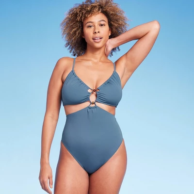Women's Cut Out Bead Detail One Piece Swimsuit - Shade & Shore™ Blue 4 Women's Cut Out Bead Detail One Piece Swimsuit - Shade & Shore™ Blue - Image 2