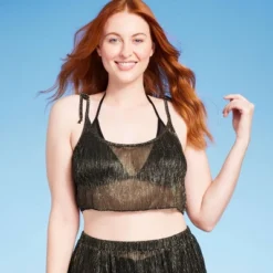 Women's Tie Detail Lurex Cropped Cover Up Top - Shade & Shore™ Black -Shade & Shore GUEST 88d83504 2bb1 4de0 a76e aff6d19c18bd