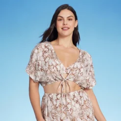 Women's Tie-Front Short Sleeve Cover Up Crop Top - Shade & Shore™ Tan Snake Print -Shade & Shore GUEST 8f8ed807 e5e6 460f 8791 51cfdfa30291