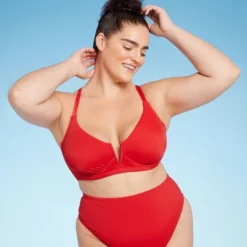 Women's Ribbed Longline V-Wire Bikini Top - Shade & Shore™ Red -Shade & Shore GUEST 900b84c8 9b9a 45af 88e6 baf11150e158