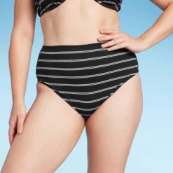 Women's Ribbed High Waist Bikini Bottom - Shade & Shore™ Black Striped -Shade & Shore GUEST 97dadde1 1c69 4afc 8cee 32b48681cc43