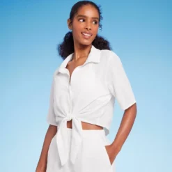 Women's Button-Up Tie-Front Cover Up Top - Shade & Shore™ Off-White -Shade & Shore GUEST 9a618558 52fb 436e 9363 b38a1bbdf3a4