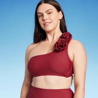 Women's One Shoulder Floret Detail Bikini Top - Shade & Shore™ Red 4 Women's One Shoulder Floret Detail Bikini Top - Shade & Shore™ Red - Image 2