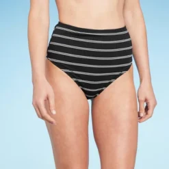 Women's Ribbed High Waist Bikini Bottom - Shade & Shore™ Black Striped -Shade & Shore GUEST af8fd0ea 19ba 4b18 aa9b f9b5f9ba0182