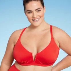Women's Ribbed Longline V-Wire Bikini Top - Shade & Shore™ Red -Shade & Shore GUEST b08e6549 9b70 4954 8120 4182e0da23ea
