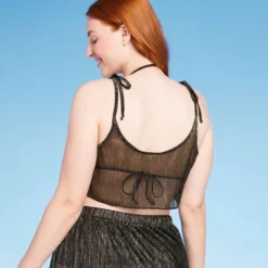 Women's Tie Detail Lurex Cropped Cover Up Top - Shade & Shore™ Black