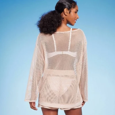 Women's Long Sleeve Crochet Cover Up Sweater - Shade & Shore™ Light Brown 3 Women's Long Sleeve Crochet Cover Up Sweater - Shade & Shore™ Light Brown